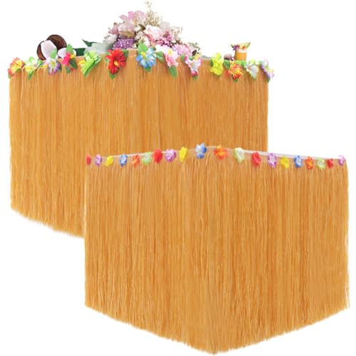 SMELEYOU 2pcs Hawaiianer Tischrock 109x30in Blumenmediziner wiederverwendbarer Raffia Fringe Gras Rock Dekor für Tropische Geburtstagsfeier, Tiki Bar (Gelb) von SMELEYOU