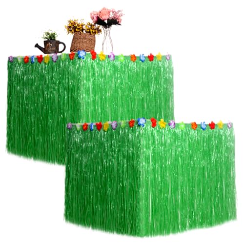 SMELEYOU 2pcs Hawaiianer Tischrock 109x30in Blumenmediziner wiederverwendbarer Raffia Fringe Grass Tischrock Dekor für Tropische Geburtstagsfeier, Tiki Bar (grün) von SMELEYOU