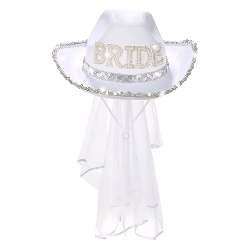 SMELEYOU Braut Cowgirl Hut mit Schleier Glitzer Braut Hut Cowgirl Hut mit verstellbarem Kinngurt Braut Weißer Cowboyhut für Junggesellenpartygeschenk SMELEYOU Braut Cowgirl Hut mit Schleier Glitzer Braut Hut Cowgirl Hut mit verstellbarem Kinngurt Braut Weißer Cowboyhut für Junggesellenpartygeschenk von SMELEYOU