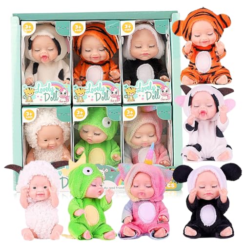 SMELEYOU Mini -Babypuppen 6PCs Schläfrige Gesicht beweglicher Joint Little Babypuppen mit unterschiedlichen Kleidern auf 4x2 -Zoll realistisch und entzückend PVC Tiny Puppengeschenke für Mädchen von SMELEYOU
