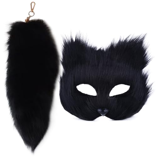 SMELEYOU Therian Mask Katzenmaske Und Therian Tail Set Pelry Fuchs Maske Und 16 '' Long Fox Tail Keychain Halbgesicht Maskerade Maske für Cosplay Fantasie SMELEYOU Therian Mask Katzenmaske Und Therian Tail Set Pelry Fuchs Maske Und 16 '' Long Fox Tail Keychain Halbgesicht Maskerade Maske für Cosplay Fantasie von SMELEYOU