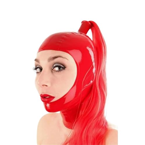 Latex Maske mit roter Perücke,Latex Kopfmaske Gummi Haube Maskieren Latex Masken Kopfhaube Für Cosplay Party (S,rot) von SMGZC