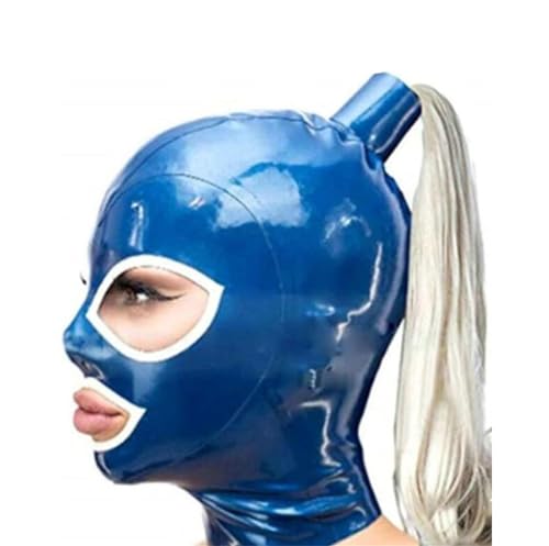 SMGZC Blau Latex-Maske mit Perücke,Latex Kopfmaske Gummi Haube Maskieren Latex Masken Kopfhaube Für Cosplay Party (XL) von SMGZC