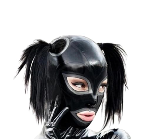SMGZC Latex Kopfmaske Mit Haarlöchern Schwarz Gummi Haube Maskieren Latex Masken Kopfhaube Latex Maske Für Cosplay Party (L) von SMGZC