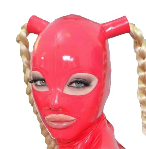 SMGZC Latex Kopfmaske Mit Perücke Gummi Haube Maskieren Latex Masken Kopfhaube Latex Maske Für Cosplay Party (Rot,M) von SMGZC