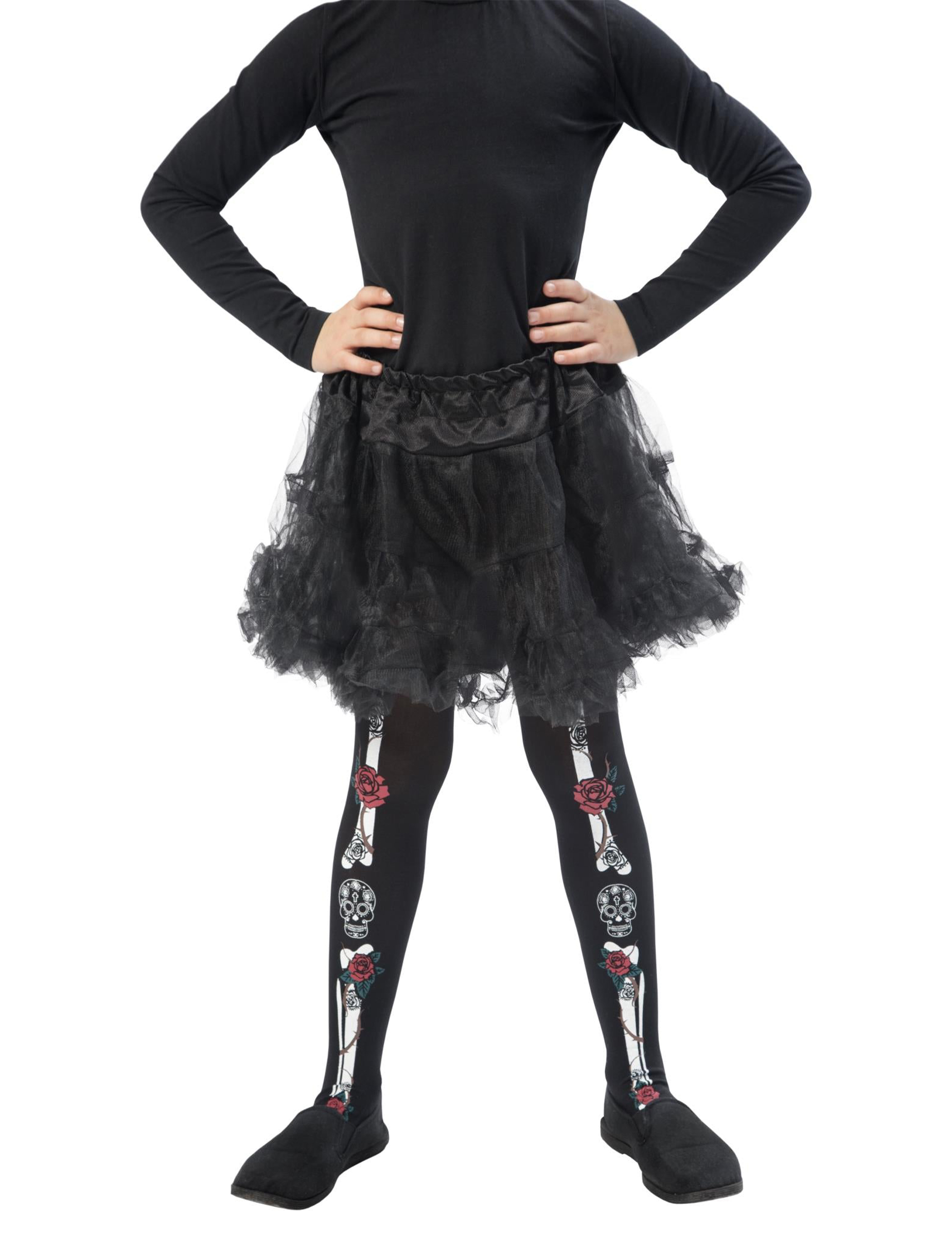 Kinder-Strumpfhose Tag der Toten mit Knochen und Rosen schwarz-weiss-rot von SMIFFY'S