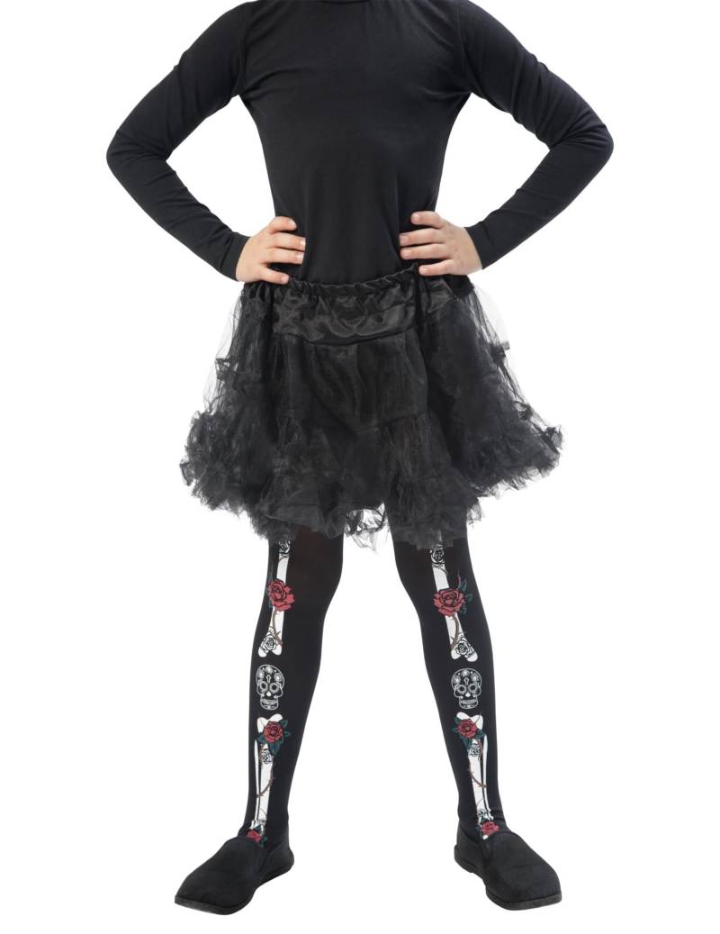 Kinder-Strumpfhose Tag der Toten mit Knochen und Rosen schwarz-weiss-rot von SMIFFY'S