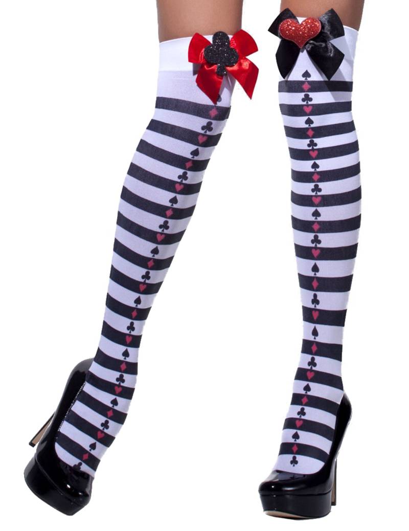 Overknees-Strümpfe Poker mit Schleifen gestreift rot-schwarz-weiss von SMIFFY'S