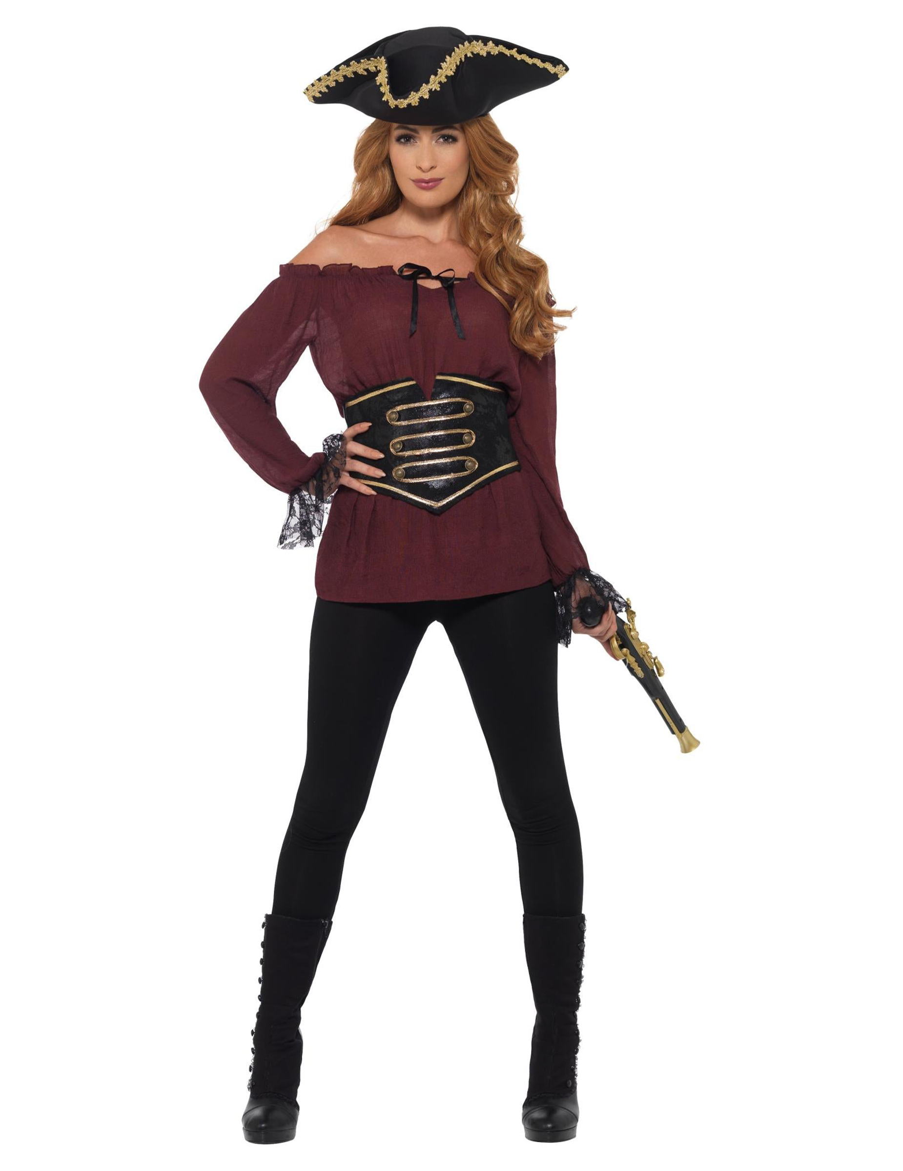 Piratenbluse für Damen mit Gürtel Karnevalskostüm bordeauxrot von SMIFFY'S