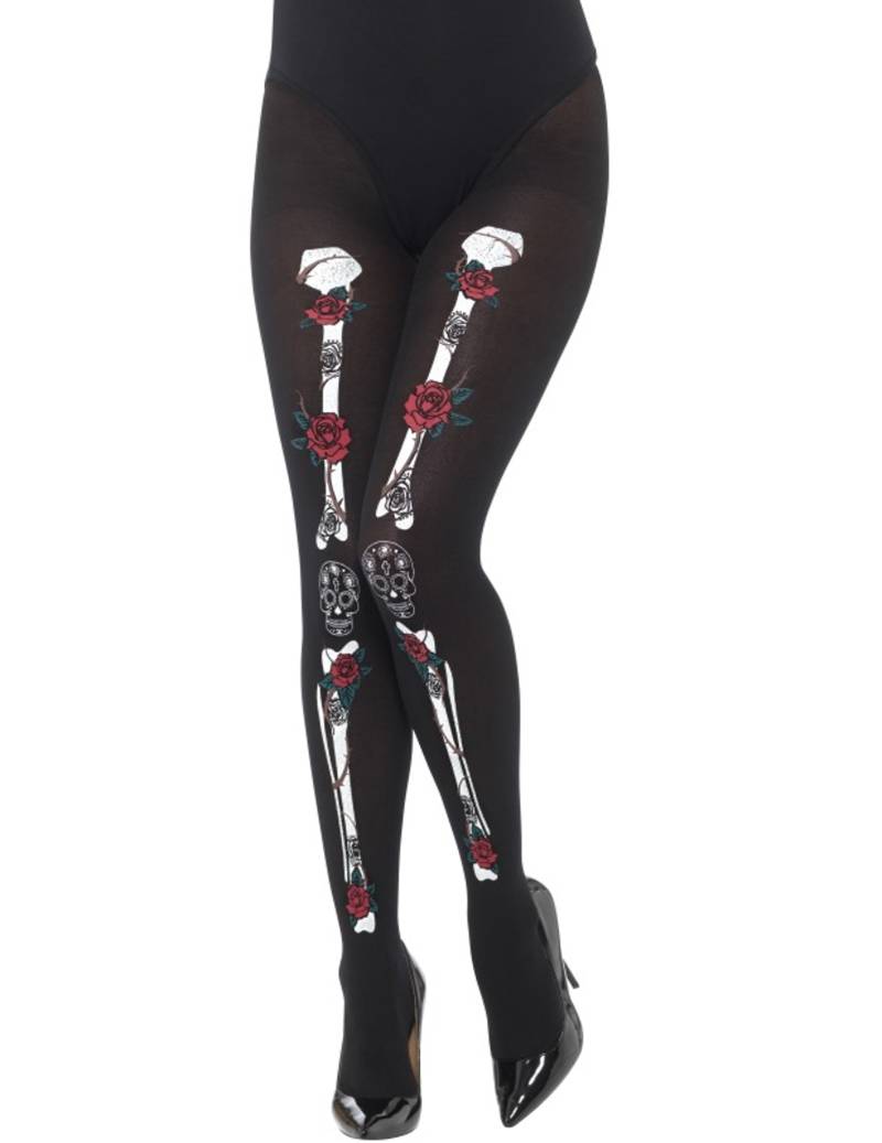 Strumpfhose Tag der Toten mit Knochen und Rosen schwarz-weiss-rot von SMIFFY'S