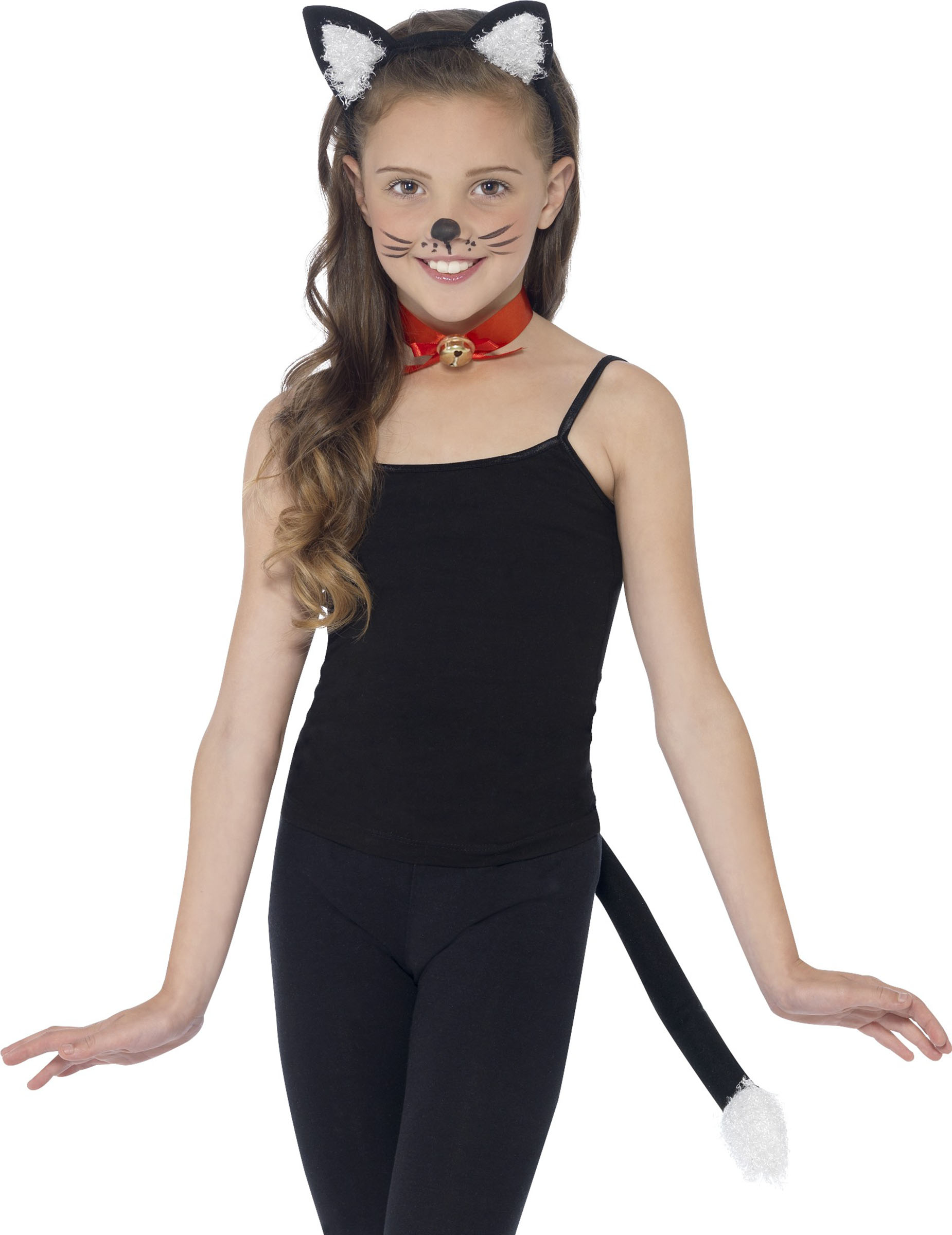Süßes Katzen Kostüm-Set für Kinder 3-teilig schwarz-weiss-rot von SMIFFY'S