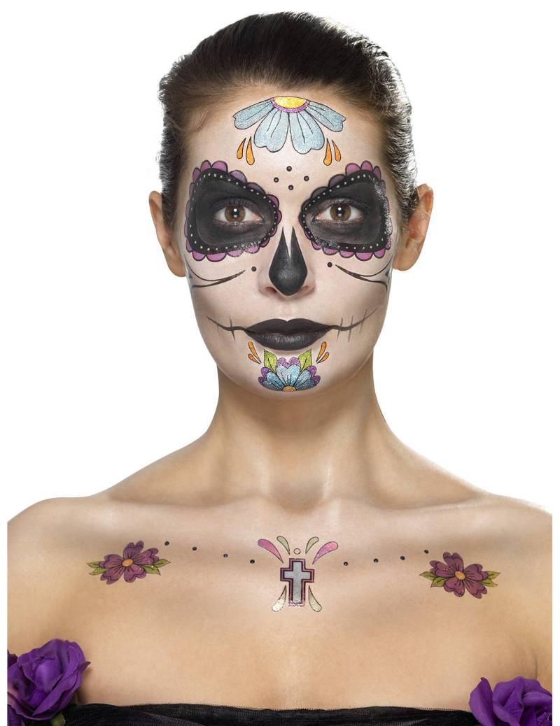 Tag der Toten Make-Up Tattoo-Set bunt von SMIFFY'S