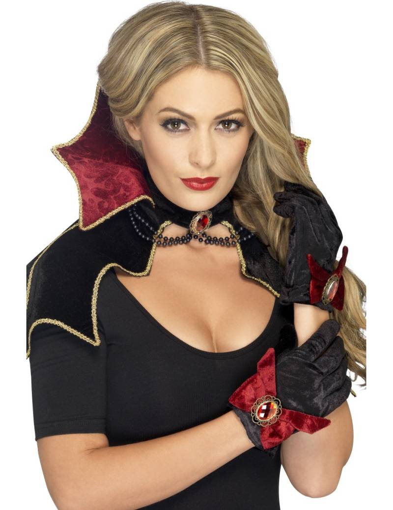 Vampirin Kostüm-Set Kragen und Handschuhe schwarz-rot 3-teilig von SMIFFY'S