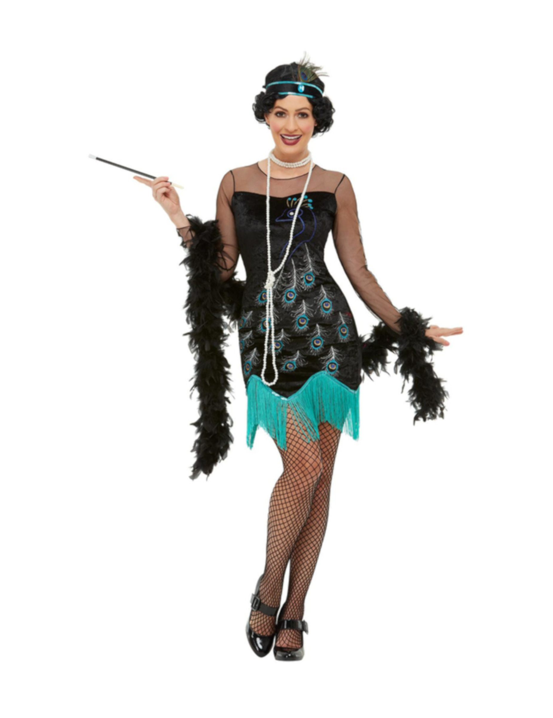 20er Jahre-Kostüm für Damen Pfauenmuster Faschingskostüm schwarz-türkis von SMIFFY'S