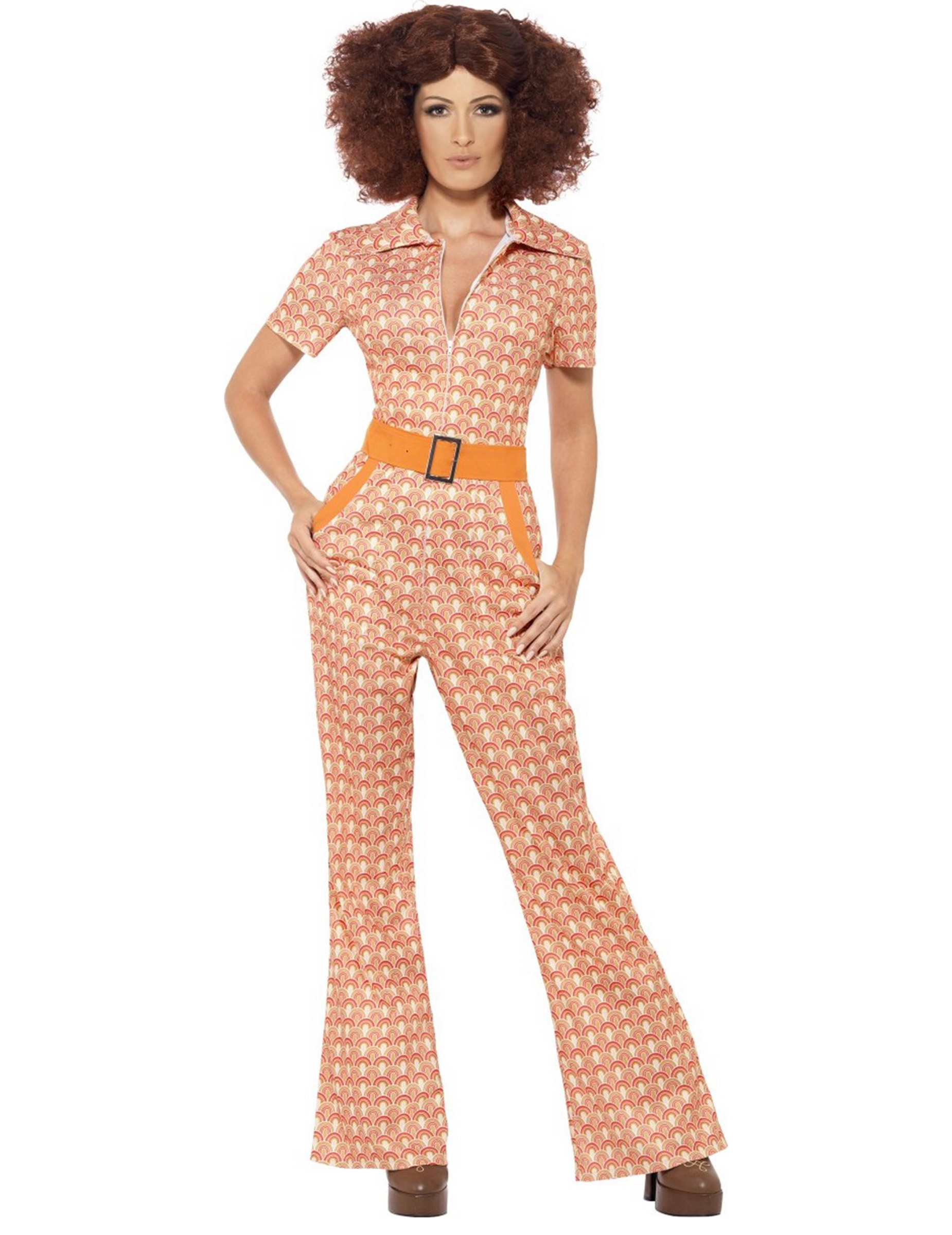 70er Jahre Disco Damenkostüm Jumpsuit orange von SMIFFY'S