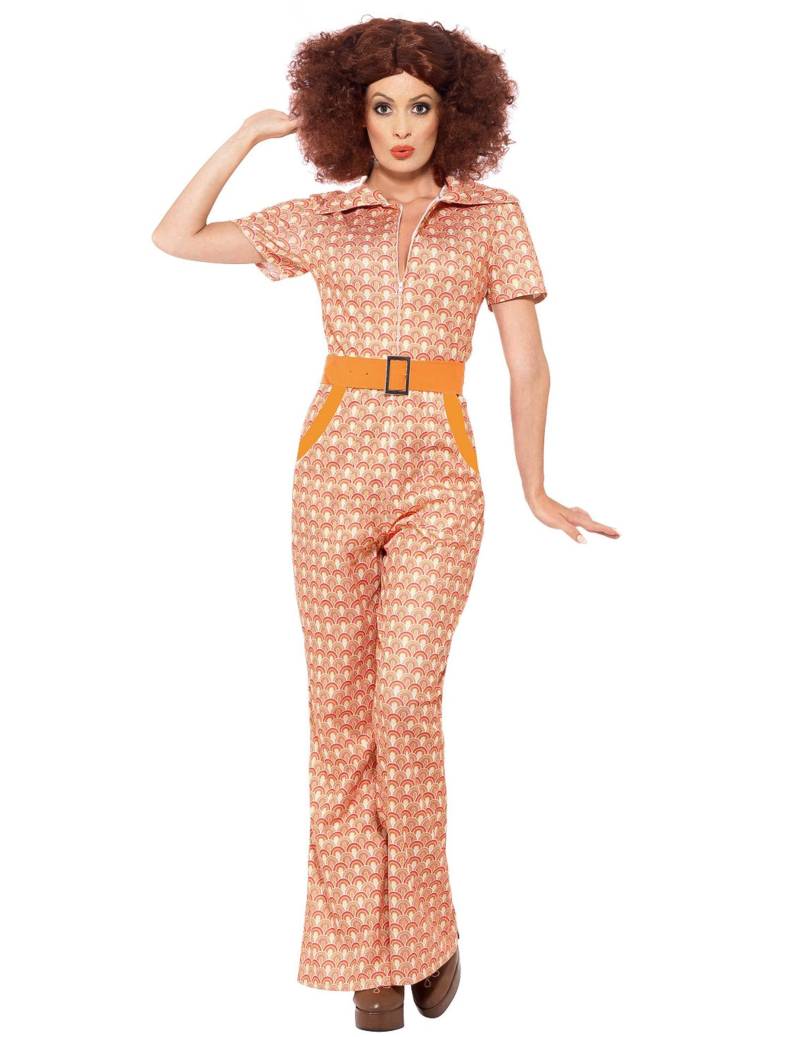 70er Jahre Disco Damenkostüm Jumpsuit orange von SMIFFY'S