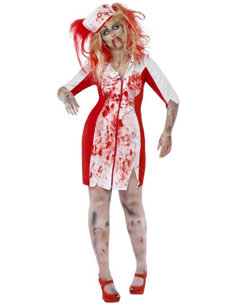 Blutige Zombie Krankenschwester Halloween Plus Size Damenkostüm rot-weiss von SMIFFY'S