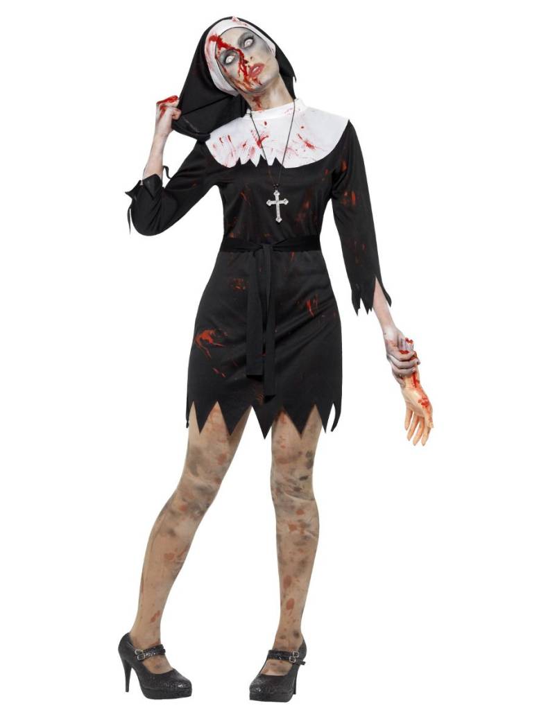Blutiges Zombie-Nonnen-Kostüm für Halloween schwarz-weiss-rot von SMIFFY'S