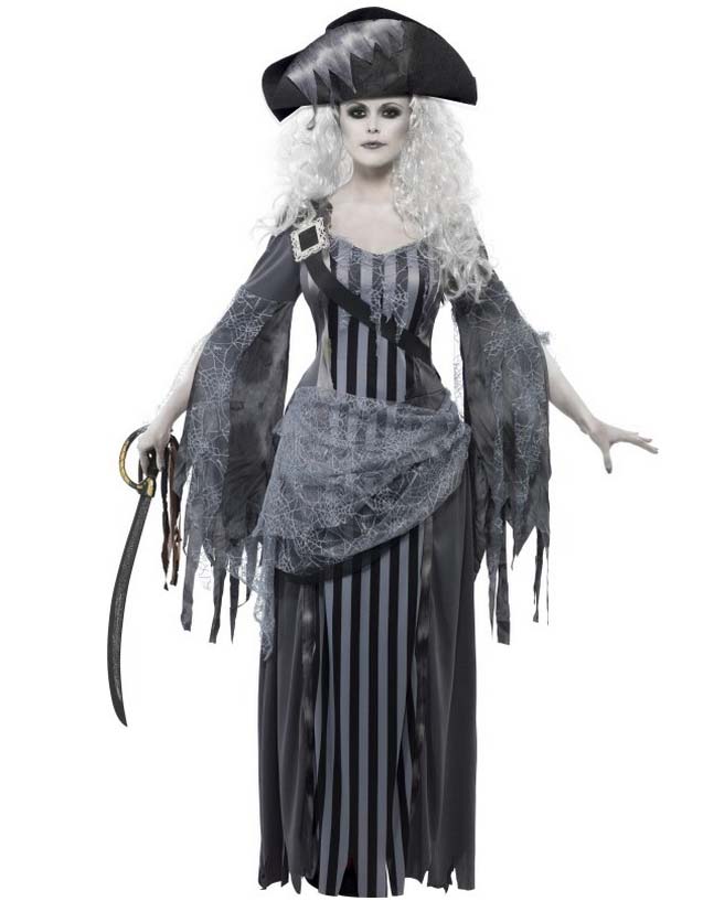 Geister-Piratin Damenkostüm Halloweenkostüm grau-schwarz-weiss von SMIFFY'S