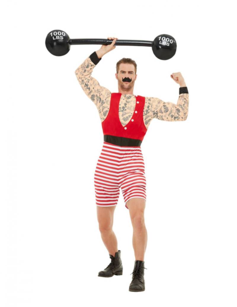 Gewichtheber-Kostüm für Herren tätowiert Zirkus-Kostüm Fasching rot-beige von SMIFFY'S