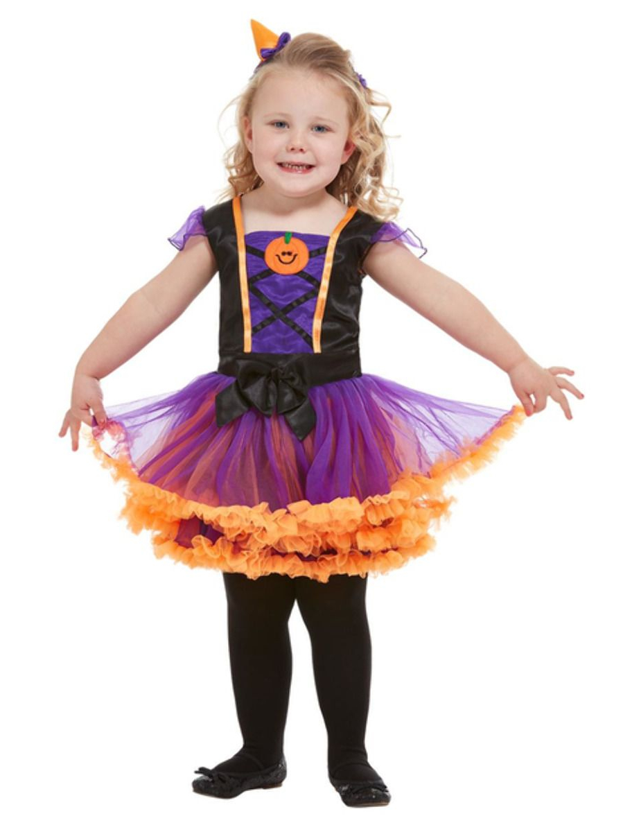 Kürbis-Hexenkostüm für Mädchen Halloween-Kostüm lila-schwarz-orange von SMIFFY'S