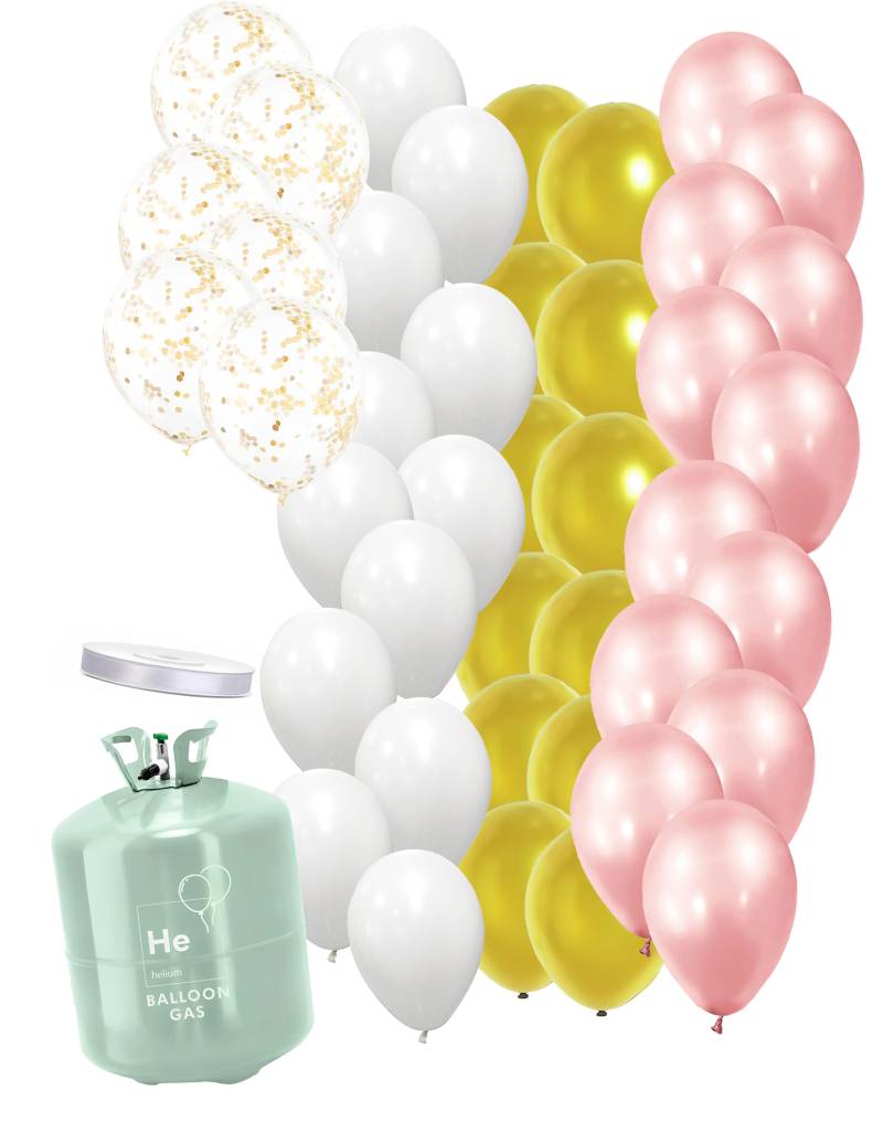 Heliumflaschen Set mit verschiedenen golden, weißen, rosegoldenen und transparenten Ballons mit Band von BCI
