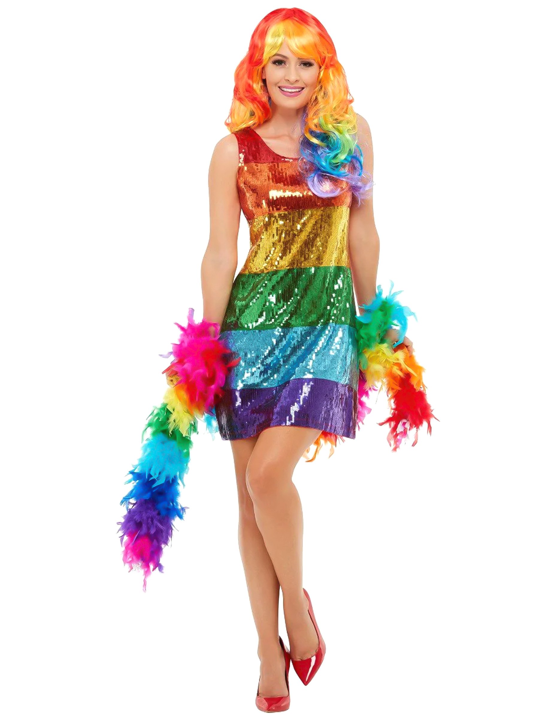Regenbogen-Kostüm für Damen mit Pailletten Faschingskostüm bunt von SMIFFY'S