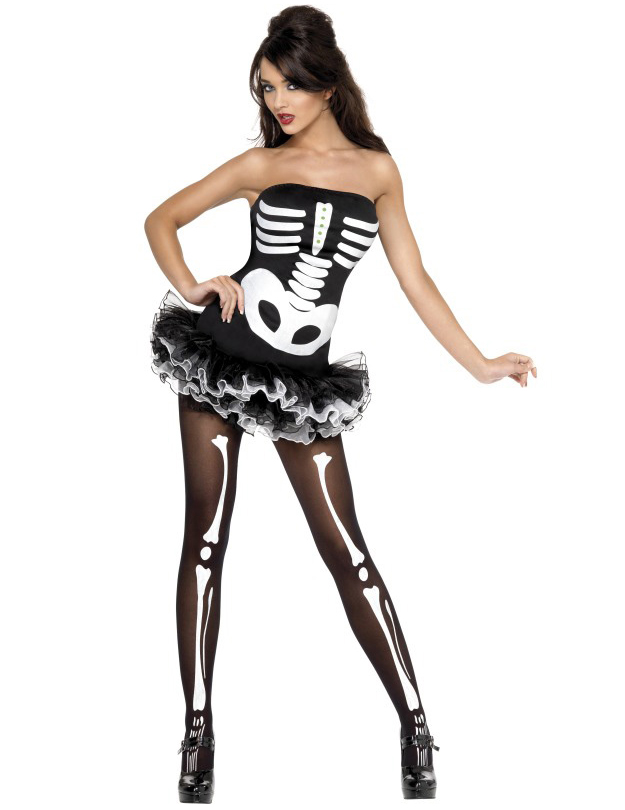 Skelett Knochen Halloween Damenkostüm schwarz-weiss von BCI