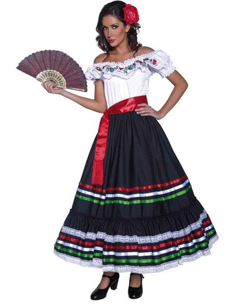 Spanierin Mexikanerin Flamenco-Kleid Damenkostüm weiss-bunt von KULTFAKTOR GmbH