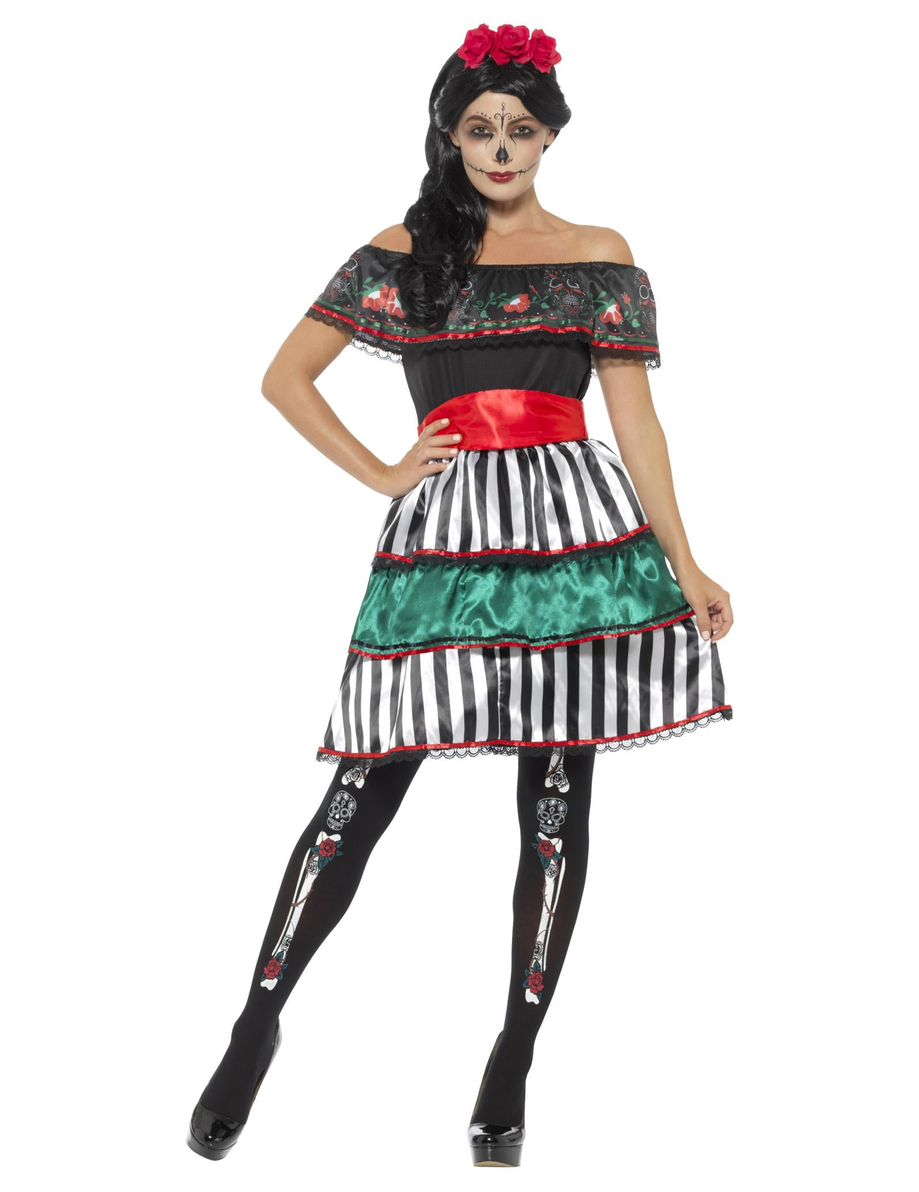 Tag-der-Toten-Kleid für Damen mit Carmen-Ausschnitt bunt Tag-der-Toten-Kleid für Damen mit Carmen-Ausschnitt bunt von SMIFFY'S
