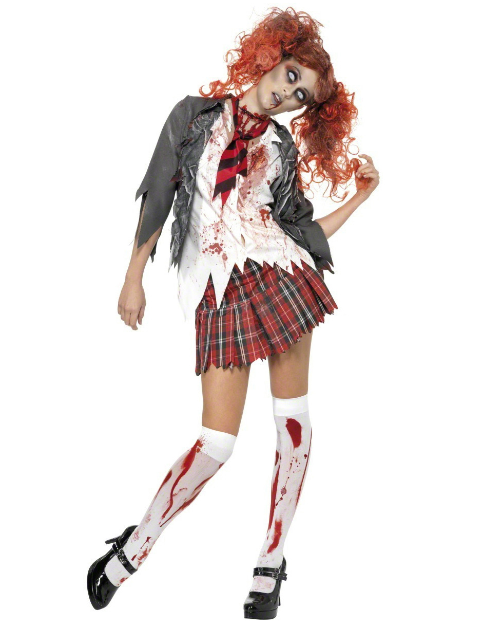 Untote-Schülerin-Damenkostüm High School Halloweenkostüm rot-weiss-grau von SMIFFY'S