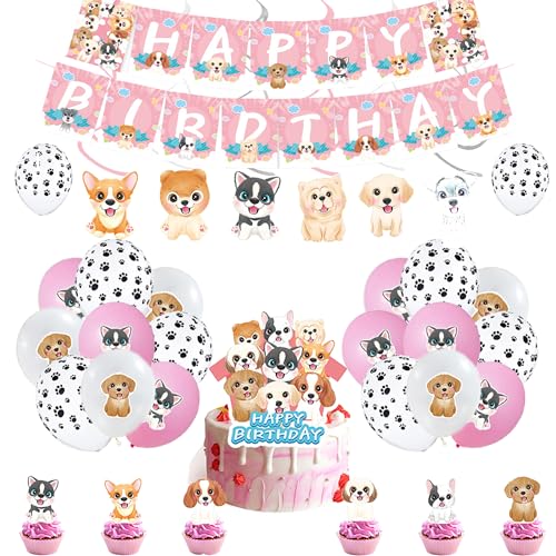 Haustier Hund Geburtstag Deko Set - Kindergeburtstag Luftballons, Kuchen Topper, Girlande, Spiral Dekorationen für Welpen Party von SMLHPARTY