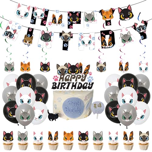 Katze Geburtstag Party Deko Set - Luftballons, Kuchen Deko, Girlande, Spiral Dekorationen für Haustier Cat Feier von SMLHPARTY