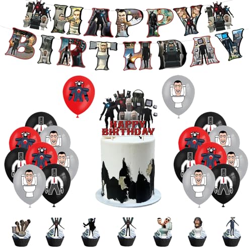 SMLHPARTY Skibidi Geburtstag Deko: 13pcs Kuchendeko, 18pcs Toilettenluftballons, 1pcs Toiletten Geburtstagsbanner, Torten Topper - Schwarz, Skibidi Muster von SMLHPARTY