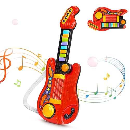 SNADER Gitarre Kinder Spielzeug & Klavier Spielzeug,2 in 1 Kinder Gitarrenspielzeug,multifunktionales Instrumentenspielzeug,Klavier Lernspielzeug mit Liedern,Berührungssensor Licht und Gurt von SNADER