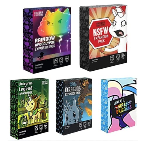 SNOKIE Unstable Unicorns Instabile Einhörner Brettspiel NSFW-Erweiterung+Dragon+Legend+Uncut+Rainbow Pack Instabiles Einhorn-Deck Strategie-Kartenspiel für Erwachsene (5-teilige Erweiterung) von SNOKIE