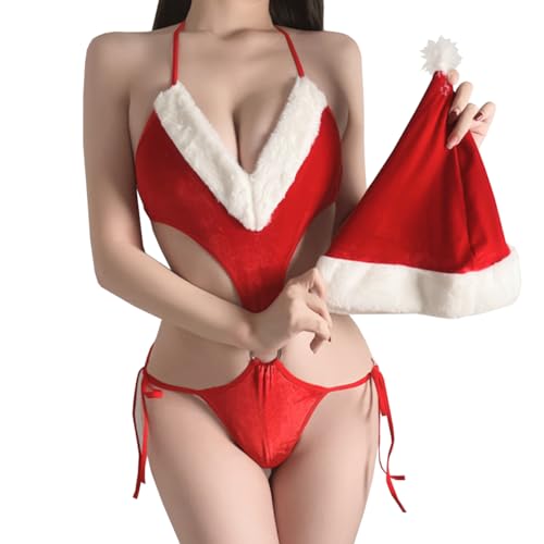 SNOMYRS Damen Weihnachtskleider Sexy Strap Bodysuit Santa Kostüm Babydoll Bikini mit Santa Hut von SNOMYRS
