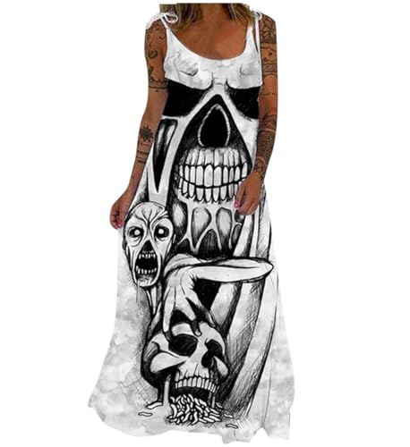 SNOMYRS Halloween Skelett Langes Kleid Skelettkostüm für Damen Ärmelloses Geisterbraut Cosplay Karneval Bodenlanges Dress von SNOMYRS