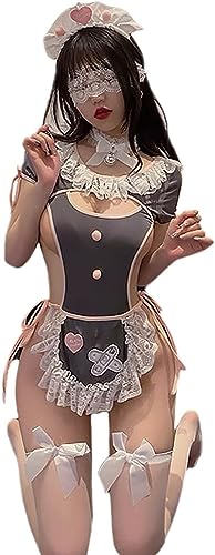 SNOMYRS Maid Outfit Anime Cosplay Kostüm Japanisch Süße Schürze Fancy Kawaii Lace Up Einteiler Dessous Bodysuit Grau, grau, Einheitsgröße von SNOMYRS