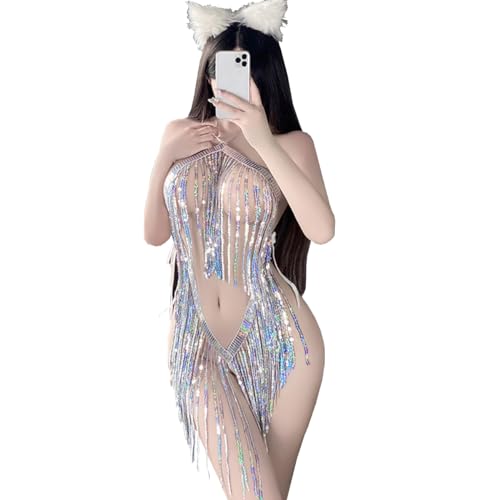 SNOMYRS Rave Outfits Für Frauen Sexy Pailletten Fringe Mini Rock Bodysuit Tanzmusik Festivals Halloween Cosplay Dessous von SNOMYRS