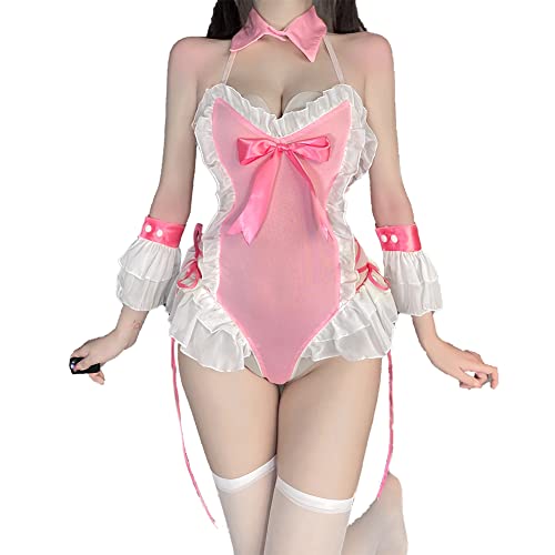 SNOMYRS Sexy Bunny Kostüm Cosplay Dienstmädchen Japanisches Anime Kawaii Rosa Frecher Babydoll Body von SNOMYRS