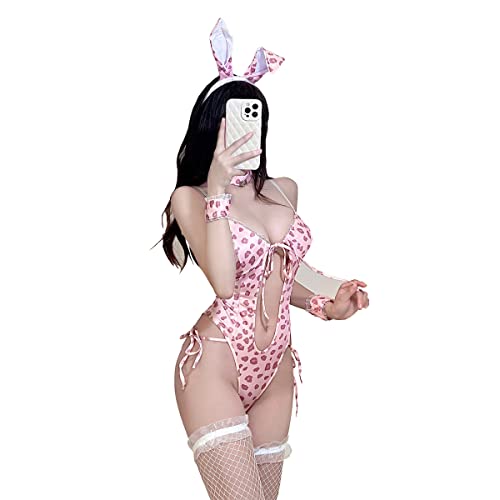 SNOMYRS Sexy Cosplay Hasenkostüm Anime Rosa Kaninchen Rollenspiel Dessous für Frauen Body Hasenanzug mit Kaninchenohren von SNOMYRS