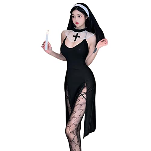 SNOMYRS Sexy Nonne Kostüm Gothic Maid Kostüm Nonne Kleid Anime Rollenspiel Cosplay Dessous Halloween Outfits Bodysuit von SNOMYRS