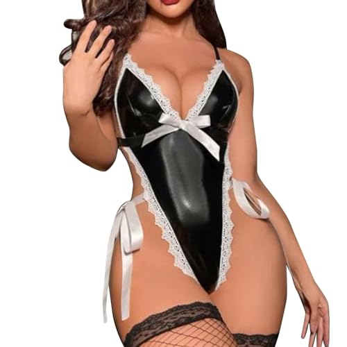 SNOMYRS Spitze Body Anzüge Frauen Deep V Sexy Dessous Leder Bodysuit Latex Korsett Club Kostüm Teddy Babydoll von SNOMYRS