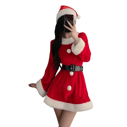 SNOMYRS Weihnachten Frauen Kleid sexy Weihnachten Elfen Santa Cosplay Dessous 3pcs mit Samt Kleid Hut Gürtel von SNOMYRS