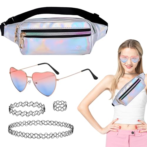 SNONESIY 90er Jahre Outfit Damen: Klassische Mode, Metallgürteltasche, Herzförmige Partygläser, Schlichte Halsketten, Multifunktional für Karneval, Fasching & mehr von SNONESIY