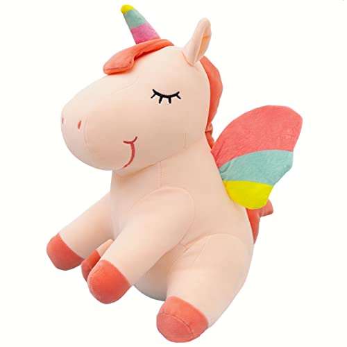 SNOWOLF Hockendes Sitzendes Einhorn Stofftier Spielzeug Niedliches weiches Einhorn Plüsch Umarmungskissen mit Regenbogenflügeln Kawaii Spielzeug für Kinder Mädchen (Rosa, 25 cm) von SNOWOLF