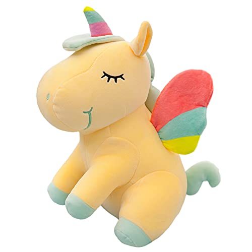 Hockendes Sitzendes Einhorn Stofftier Spielzeug Niedliches weiches Einhorn Plüsch Umarmungskissen mit Regenbogenflügeln Kawaii Spielzeug für Kinder Mädchen (gelb, 25 cm) von SNOWOLF