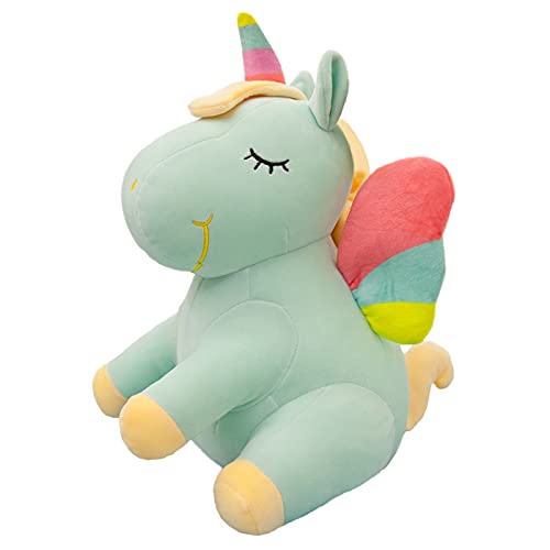 Hockendes Sitzendes Einhorn Stofftier Spielzeug Niedliches weiches Einhorn Plüsch Umarmungskissen mit Regenbogenflügeln Kawaii Spielzeug für Kinder Mädchen (grün, 25 cm) von SNOWOLF