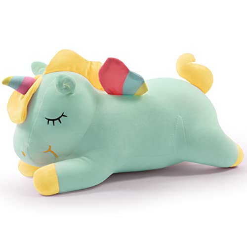 Einhorn Stofftier Spielzeug Liegen Niedliches weiches Einhorn Plüsch Umarmungskissen mit Regenbogenflügeln Kawaii Spielzeug für Kinder Mädchen (grün, 50 cm) von SNOWOLF
